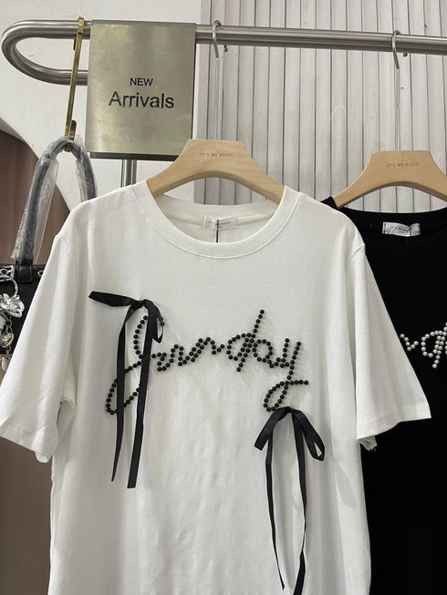 Pearls and Ribbons Detail Oversize T-Shirts